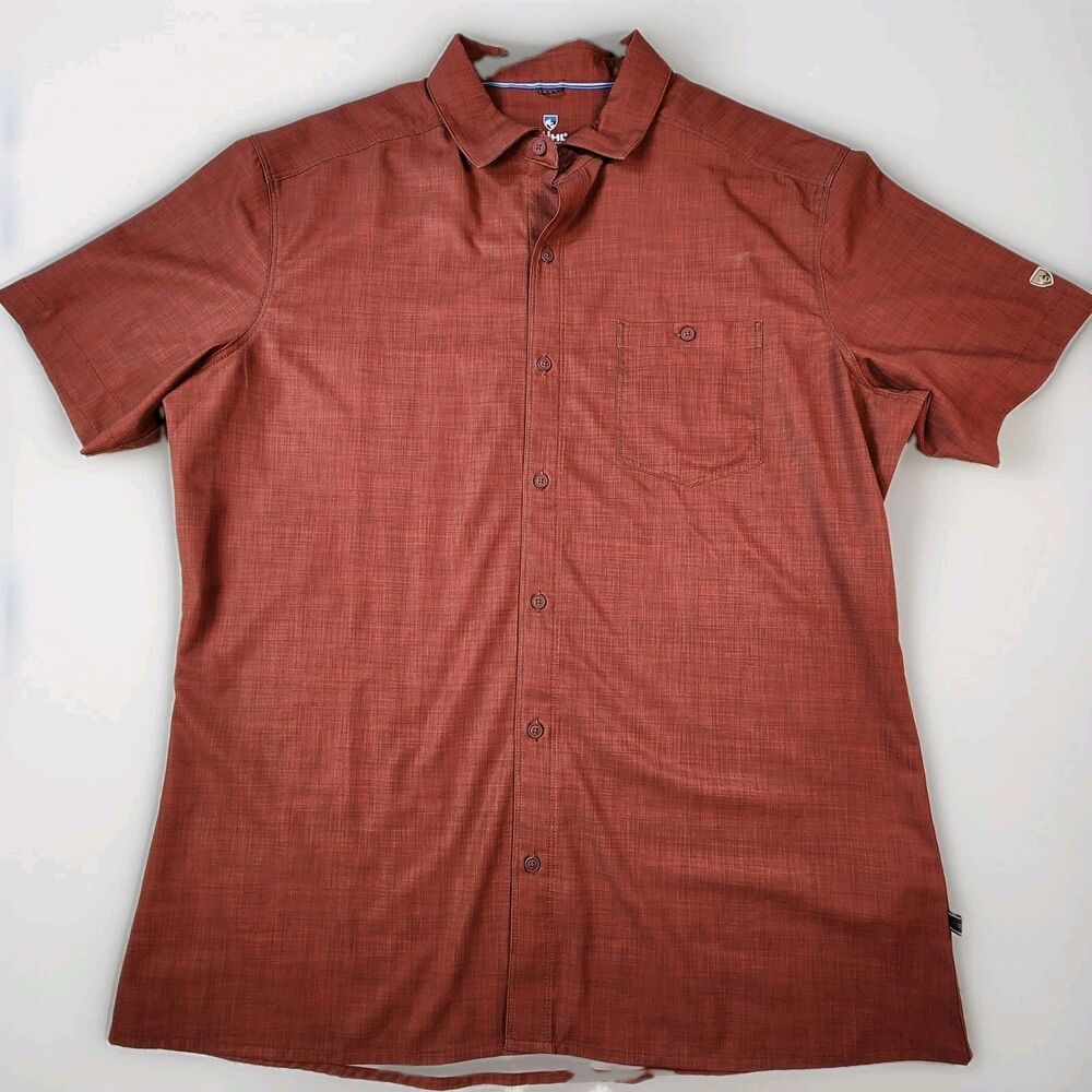 Kuhl Mens Short Sleeve Button Down Shirt Size L Rust Red Pocket Hiking EUC